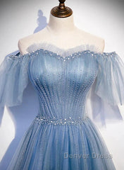 Charming Light Blue Tulle Puffy Sleeves Floor Length Party Dresses A-Line Pricess Gowns Prom Dresses Sparkly
