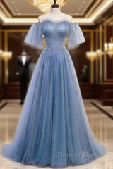 Charming Light Blue Tulle Puffy Sleeves Floor Length Party Dresses A-Line Pricess Gowns Prom Dresses Sparkly