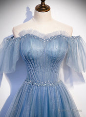Charming Light Blue Tulle Puffy Sleeves Floor Length Party Dress,Blue A-line Princess Gowns Prom Dresses