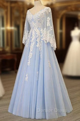 Charming Light Blue Tulle V-neckline Long Party Dresses, Prom Dresses