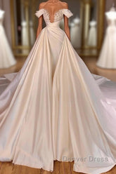 Charming Long A-line Off-the-shoulder Cathedral V-neck Satin Lace Wedding Dresses