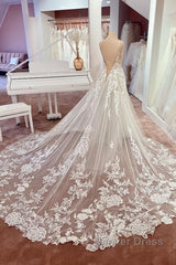 Charming Long A-Line Spaghetti Straps Appliques Lace Tulle Backless Wedding Dresses