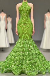 Charming Long Mermaid Halter Satin Lace Backless Prom Dresses