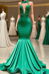 Charming Long Mermaid Halter Stretch Satin Lace Backless Prom Dresses