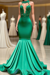 Charming Long Mermaid Halter Stretch Satin Lace Backless Prom Dresses