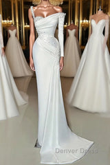 Charming Long Satin One-Shoulder Mermaid Evening Prom Dresses With Beading