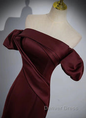 Charming Maroon Satin Mermaid Off Shoulder Prom Dresses, Maroon Party Dresses