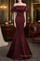 Charming Maroon Satin Mermaid Off Shoulder Prom Dresses, Maroon Party Dresses