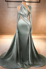 Charming Mermaid Irregular Collar Satin Rhinestone Halter Ruffled Long Prom Dresses Formal Evening Gown