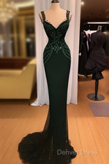 Charming Mermaid Straps Dark Green Sequin Prom Dresses Long Prom Dresses