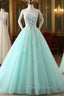 Charming Mint Green Tulle Ball Gown Sweet 16 Dresses, Lace Applique Prom Dresses
