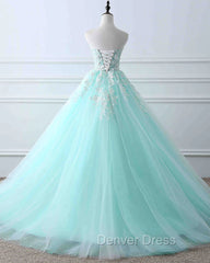 Charming Mint Green Tulle Ball Gown Sweet 16 Dresses, Lace Applique Prom Dresses