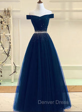 Charming Navy Blue Off Shoulder Floor Length Beaded Party Dresses, Party Dresses