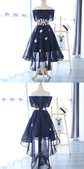 Charming Navy Blue Tulle Party Dresses with Flowers, Cute Prom Dresses