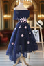 Charming Navy Blue Tulle Prom Dress with Flowers, Cute Prom Dresses