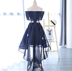 Charming Navy Blue Tulle Party Dresses with Flowers, Cute Prom Dresses