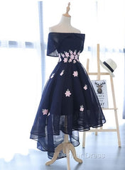 Charming Navy Blue Tulle Party Dresses with Flowers, Cute Prom Dresses
