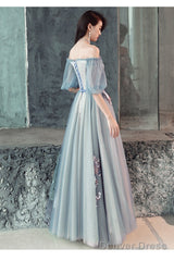 Charming Off Shoulder Tulle Long Party Dress, Floral Applique Party Dress