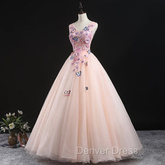 Charming Pink Flowers Ball Gown Long Sweet 16 Dresses, Pink Prom Dresses