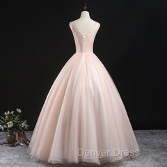 Charming Pink Flowers Ball Gown Long Sweet 16 Dresses, Pink Prom Dresses