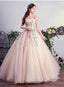 Charming Pink Off Shoulder Ball Gowns Prom Dress, Lace Applique Prom Dresses