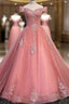 Charming Pink Off Shoulder Lace Applique Sweetheart Party Dresses, Pink Prom Dresses