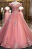 Charming Pink Off Shoulder Lace Applique Sweetheart Prom Dress, Pink Prom Dresses