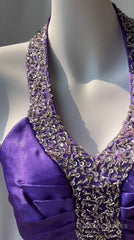 Charming Purple Halter Satin Sheath Beaded Sequins Backless Prom Dress Temperament Evening Dress