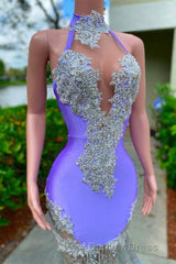 Charming Purple Long Mermaid Halter Satin Tulle Prom Dresses