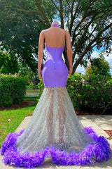 Charming Purple Long Mermaid Halter Satin Tulle Prom Dresses