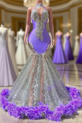 Charming Purple Long Mermaid Halter Satin Tulle Prom Dresses