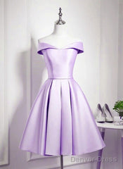 Charming Purple Satin Knee Length Homecoming Dress, Off Shoulder Bridesmaid Dress