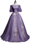 Charming Purple Short Sleeves Tulle Puffy Long Prom Dress, Lovely Prom Dress
