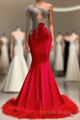 Charming Red Long Mermaid Tassel One Shoulder Satin Backless Prom Dresses