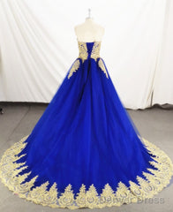 Charming Royal Blue Tulle Party Dress With Gold Lace Applique, Prom Dress