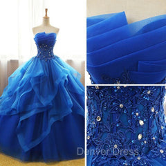 Charming Royal Blue Tulle Prom Gown , Sweet Party Dresses
