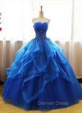 Charming Royal Blue Tulle Prom Gown , Sweet Party Dresses