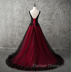 Charming Sleeveless Black and Red Lace Appliques Beaded Party Dresses, Low Back Prom Dresses