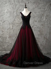 Charming Sleeveless Black and Red Lace Appliques Beaded Party Dresses, Low Back Prom Dresses