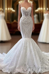 Charming Sleeveless Spaghetti Straps Mermaid Wedding Dresses with Ruffles