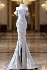 Charming Sliver Mermaid Party Dresses, Sliver Off Shoulder Long Prom Dresses With Leg Slit