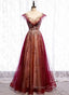 Charming Tulle Cap Sleeves Long New Prom Gowns, Prom Dresses
