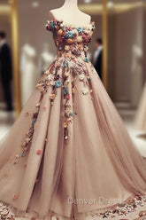 Charming Tulle Evening Dresses 3D Flowers Embroidery Prom Gowns