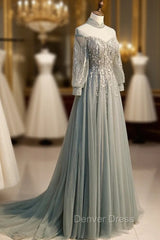 Charming Tulle Long Sleeves Beaded and Lace Long Party Dresses, A-line Tulle Formal Gown