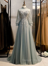 Charming Tulle Long Sleeves Beaded and Lace Long Party Dresses, A-line Tulle Formal Gown