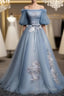 Charming Tulle Puffy Sleeves Long Formal Gown, Prom Dresses