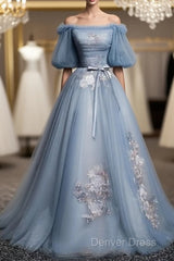 Charming Tulle Puffy Sleeves Long Formal Gown, Prom Dresses