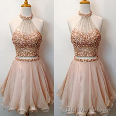 Charming Two Pieces Bare-Midriff Rhinestones Sparkly Halter Pink Cute Homecoming Dresses