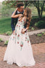 Charming V Neck A Line Prom Dress With Embroidery, Open Back Prom Dresses
