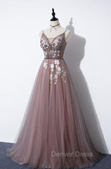 Charming V-neckline Flowers Dark Pink Prom Gown, Long Formal Dresses